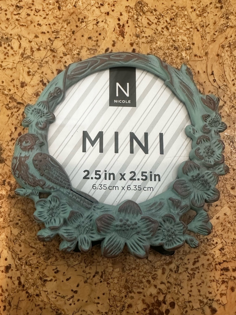 Round Floral Bird Photo Frame - Teal Patina
